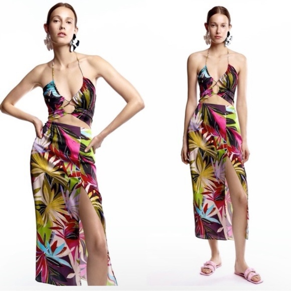 Zara Tropical Print Cut Out Dress